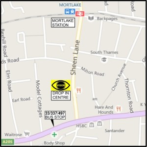 Map of Sheen Lane showing the VISOR drop in centre, from Mortlake BR station and the 33,337 & 497 bus routes.